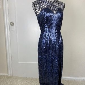 Niteline Della Roufogali Women Size 4 Navy Blue Sequin Beaded Maxi Bodycon Dress